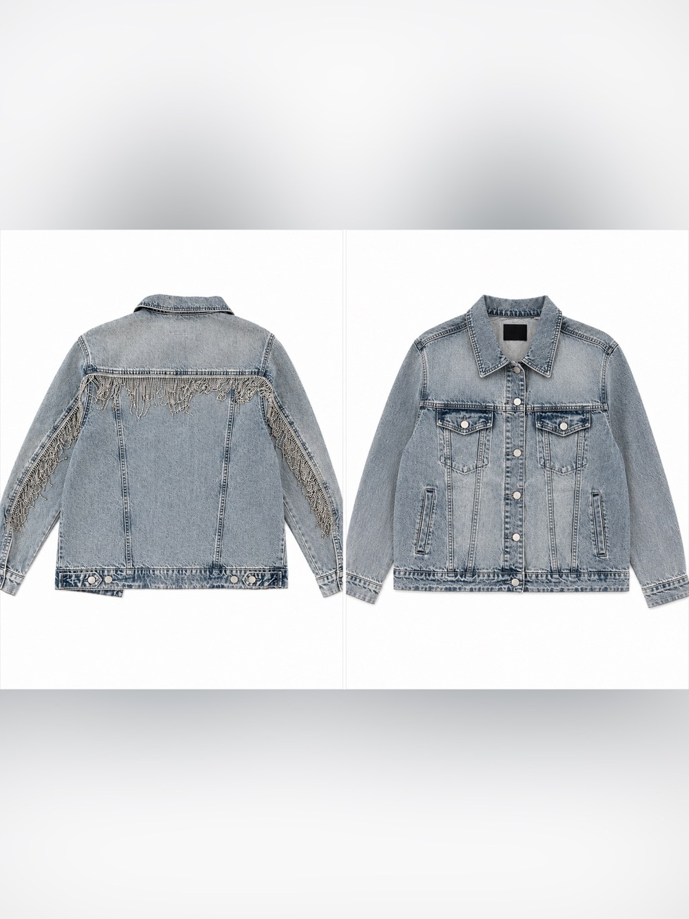 Light Wash Denim Jacket with Fringe Trim